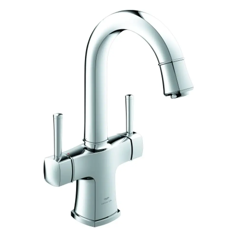 Grohe Waschbeckenarmatur mit zwei Griffen und schwenkbarem Auslauf, mit glänzender Oberfläche in Chrom.