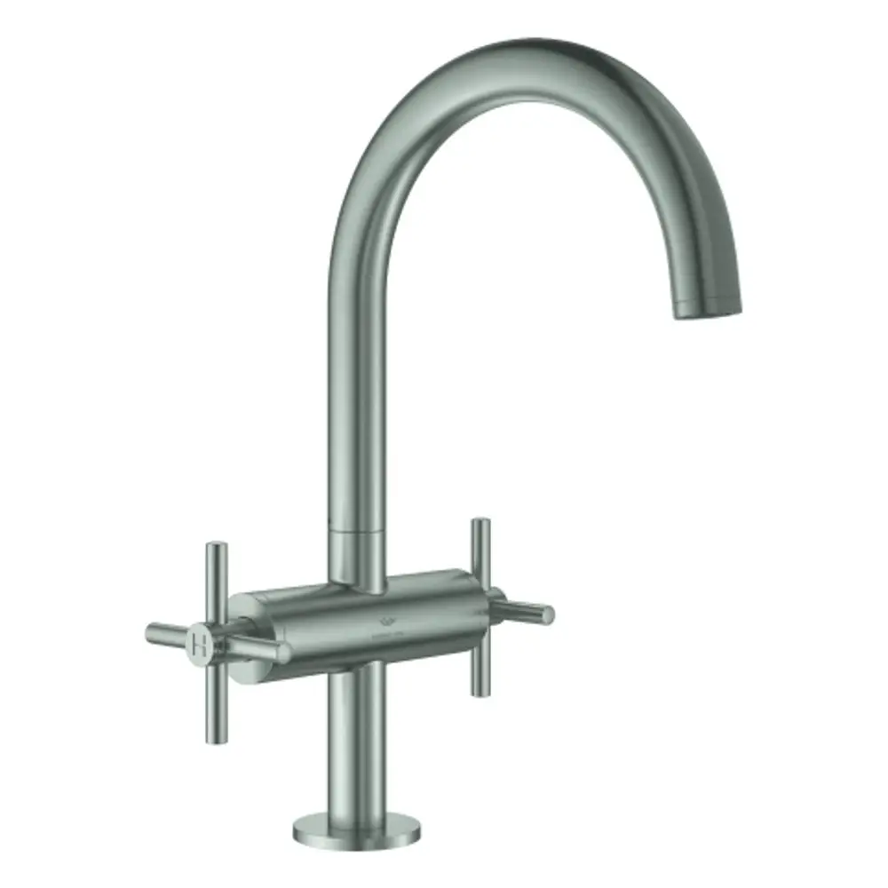 Grohe-Wandarmatur mit einem hohen, gebogenen Auslauf und zwei Kreuzgriffen zur Temperatur- und Wasserflussregelung in Edelstahl-Optik.