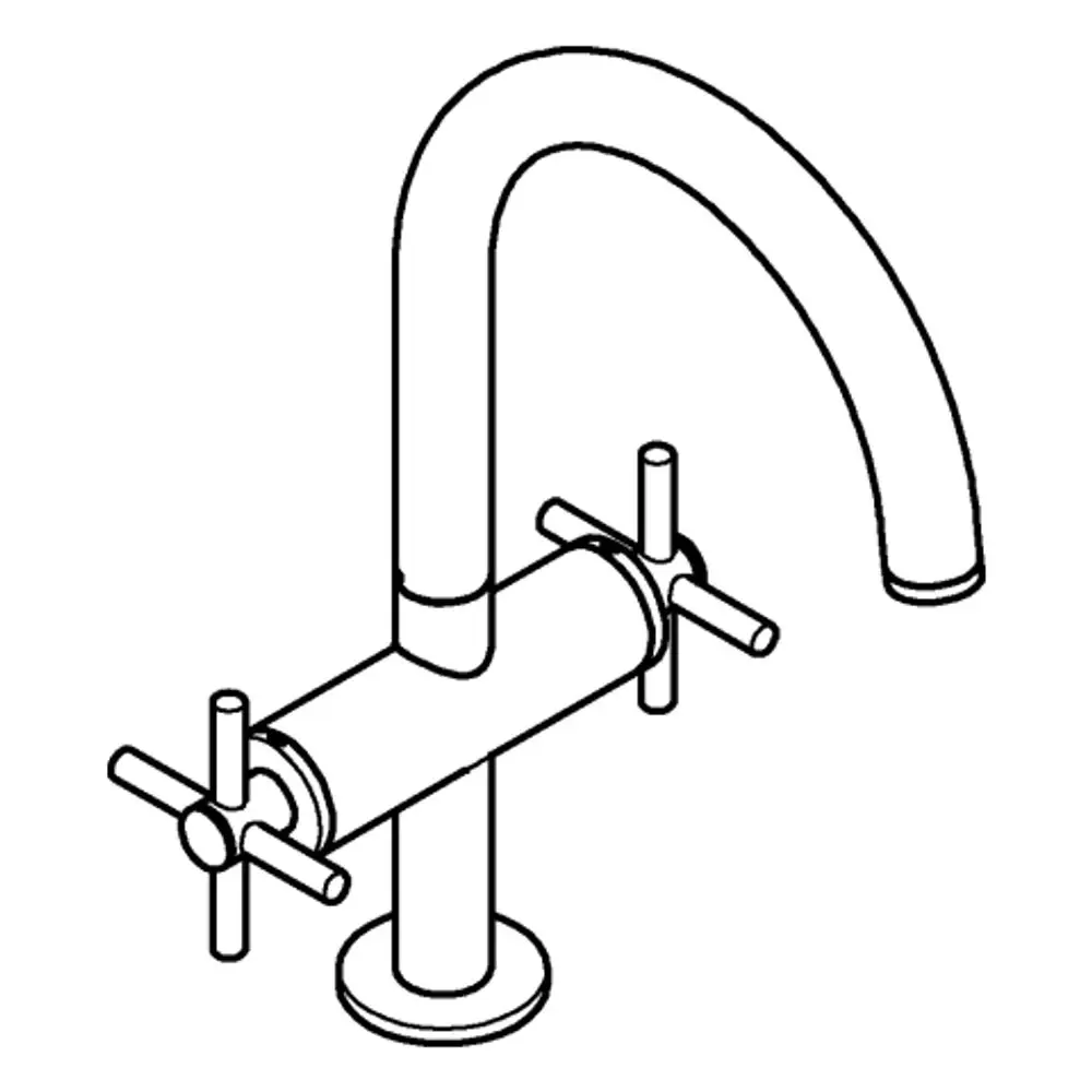 Einhebelige Grohe-Armatur mit zwei Kreuz-Griffen und gebogenem Auslauf. Die Oberfläche ist in einem matten Stahlton gehalten.