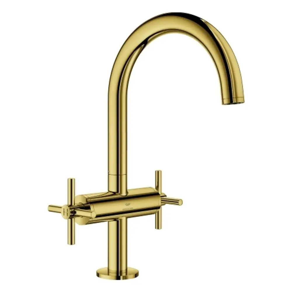 Goldene Einhebelarmatur mit hohem Auslauf und Kreuzgriffen, hergestellt von Grohe. Die Montage erfolgt auf einer vertikalen Fläche.