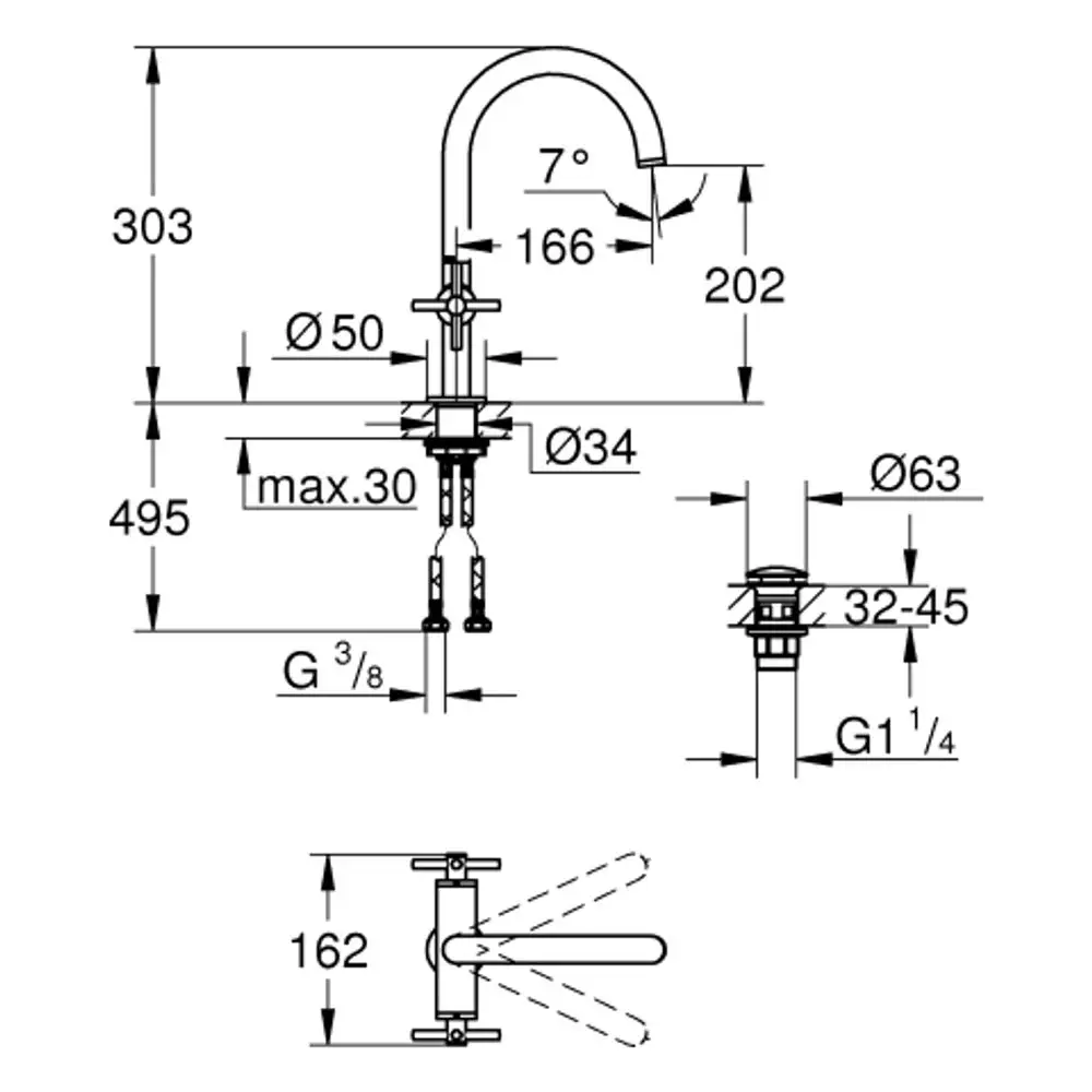 Grohe Einlochbatterie mit einem hohen Auslauf und Kreuzgriff. Technische Zeichnung mit Maßen und Montageinformationen.