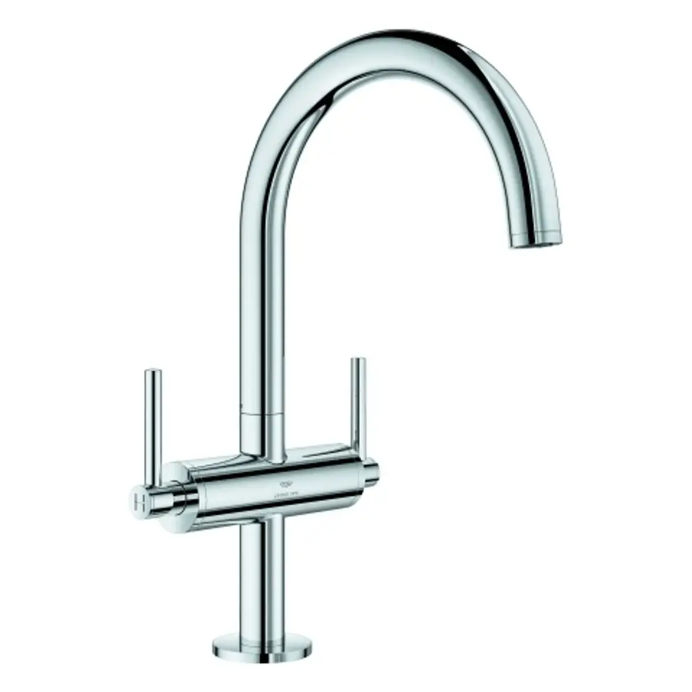 Grohe Einlocharmatur mit einem hohen, geschwungenen Auslauf und zwei Hebelgriffen aus verchromtem Metall, geeignet für verschiedene Waschbecken und Küchenanwendungen.