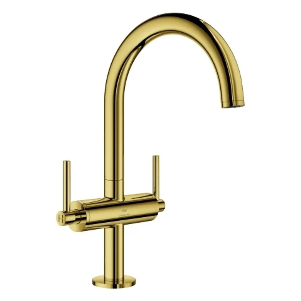Goldfarbener Wasserhahn mit zwei Hebelgriffen und geschwungenem Auslauf. Die Marke Grohe ist sichtbar. Das Produkt hat eine moderne, klare Struktur.