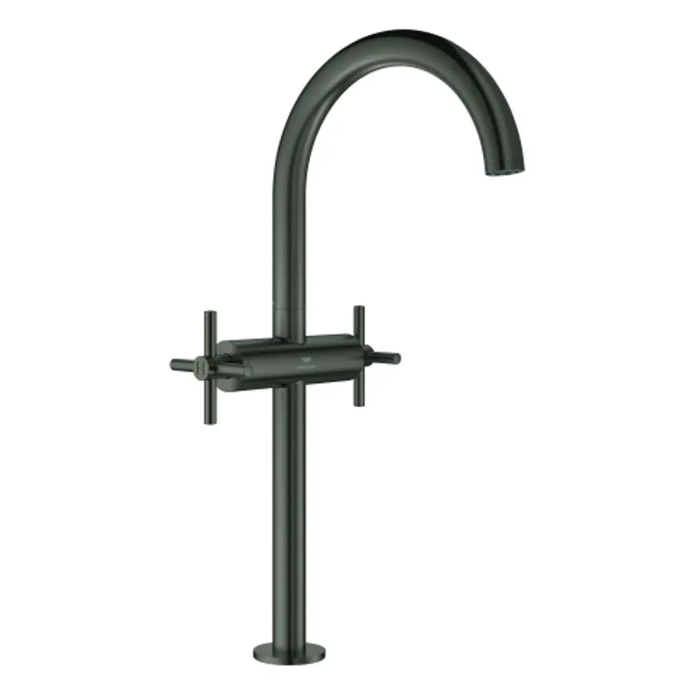 GROHE Armatur in mattschwarz mit einem hohen, gebogenen Auslauf und zwei Kreuzgriffen zur Temperatur- und Mengenregulierung. Modernes Design für Waschbeckenanwendungen.