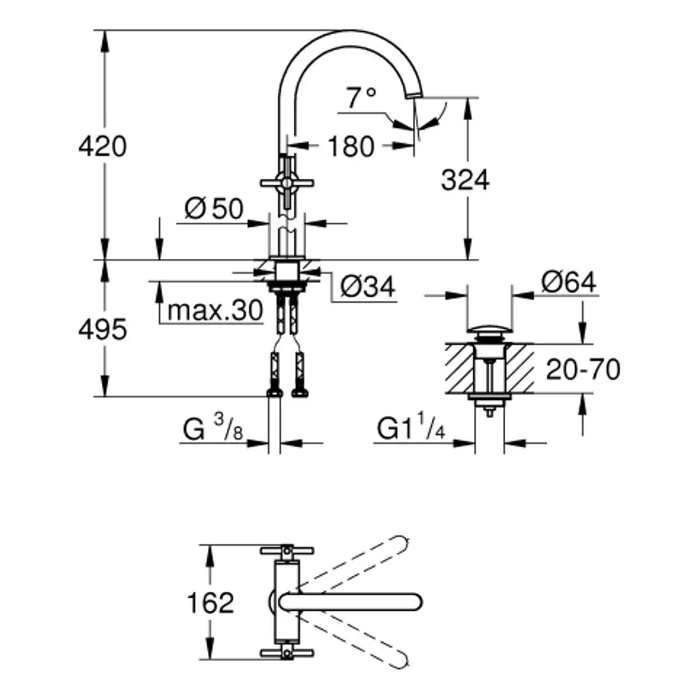 Einlochbatterie mit kreuzgriffigem Design, abgebildet aus verschiedenen Perspektiven, einschließlich Maßangaben für die Installation, hergestellt von Grohe.