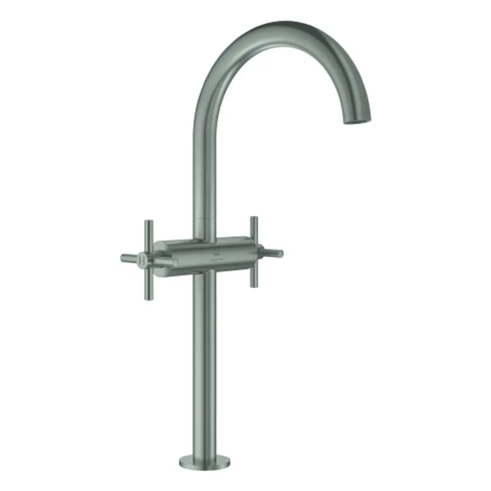 Wasserhahn mit hoher, geschwungener Ausführung und Kreuzgriffen in Supersteel-Optik von Grohe. Geeignet für die Montage auf einer Arbeitsplatte.