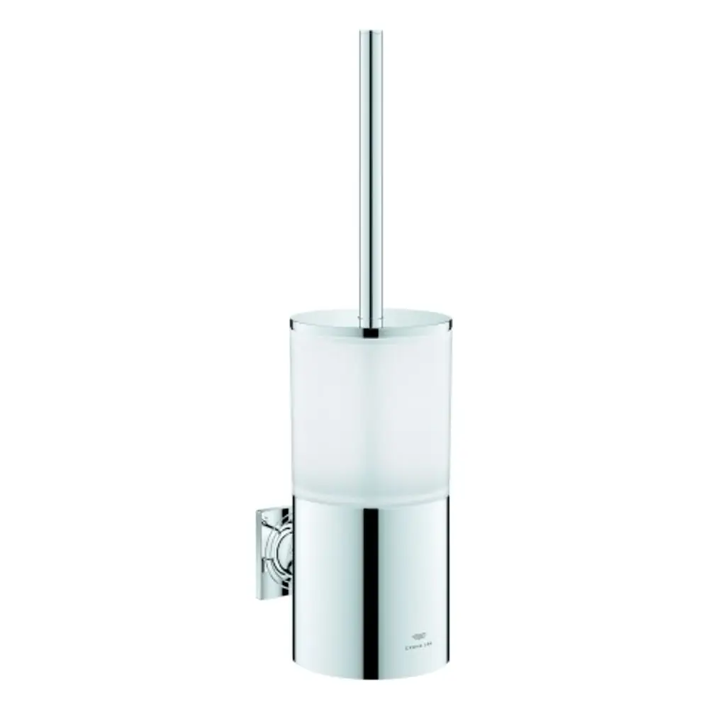 Wandmontierte WC-Bürstengarnitur von Grohe in Chromoptik mit runder, gläserner Bürstenschale und langem Bürstengriff.