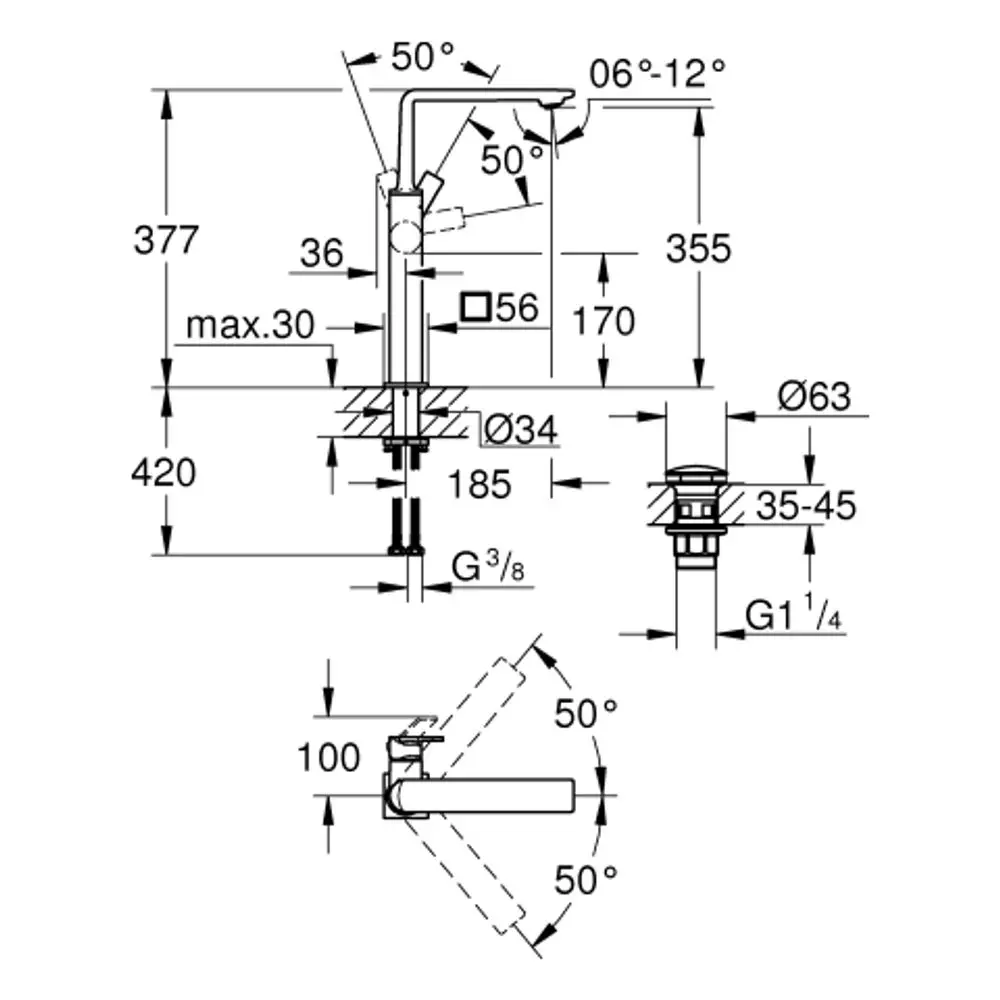 Grohe Waschtischarmatur mit verdeckter Montage, inklusive technischer Zeichnung. Maße und montierbare Winkel sind dargestellt. Verchromte Oberfläche und integrierte Funktionen.