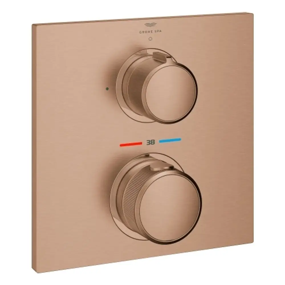 Thermostat von Grohe mit zwei drehbaren Knöpfen zur Temperatur- und Volumensteuerung. Eine Skala zeigt die Temperatureinstellung in Rot und Blau an.