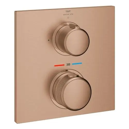 Thermostat von Grohe mit zwei drehbaren Knöpfen zur Temperatur- und Volumensteuerung. Eine Skala zeigt die Temperatureinstellung in Rot und Blau an.