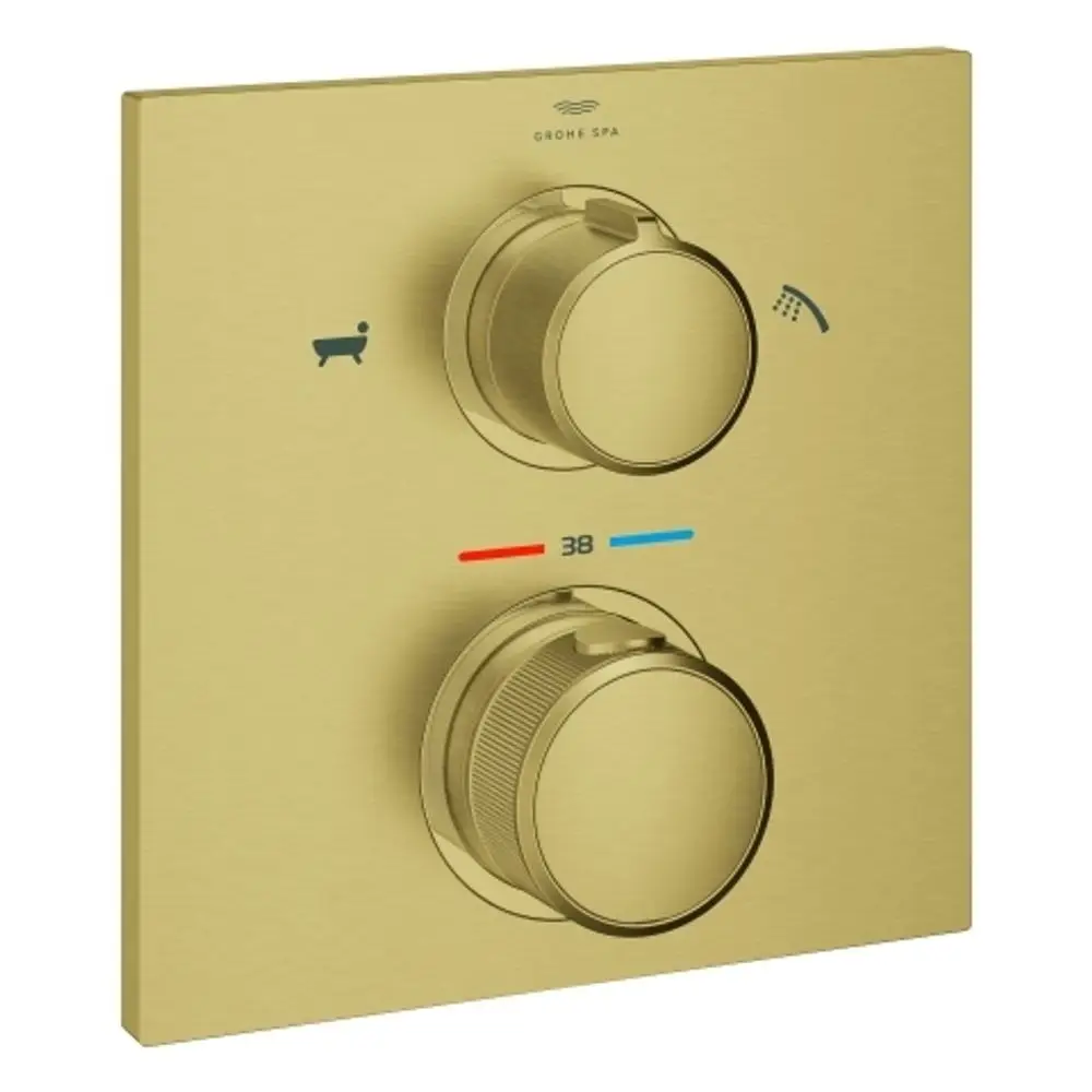 Thermostatbatterie von Grohe in mattem Gold, mit zwei Drehreglern zur Temperatureinstellung und zur Auswahl zwischen Badewanne und Dusche.