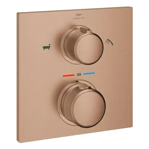 Ein bronzefarbenes Thermostat mit zwei Drehknöpfen zur Temperatureinstellung und Wasserumleitung zwischen Badewanne und Dusche, mit anzeigen für Temperatur und Wasserquelle.