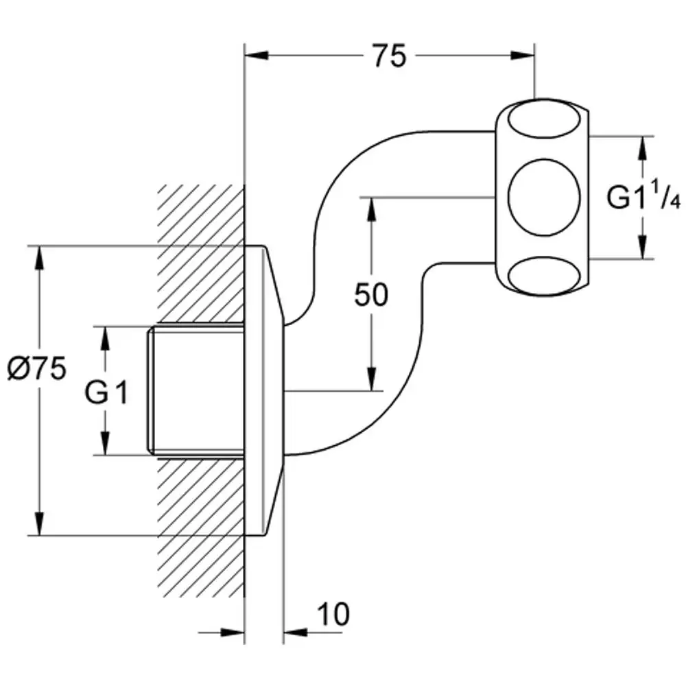 GROHE S-Anschluss mit gebogenem Rohr und Flansch, bestehend aus einem Anschluss mit G1 und G1¼ Gewinde, montierbar an einer Wand.