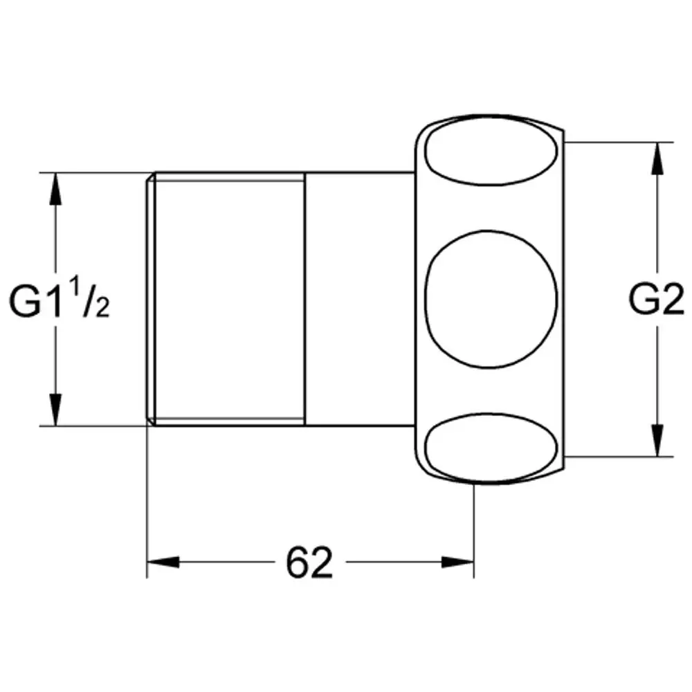 Gerader Anschluss von Grohe mit zwei Anschlüssen und angegebenen Maßen für G1½". Die Darstellung zeigt die Konstruktion und Dimensionen des Produkts.