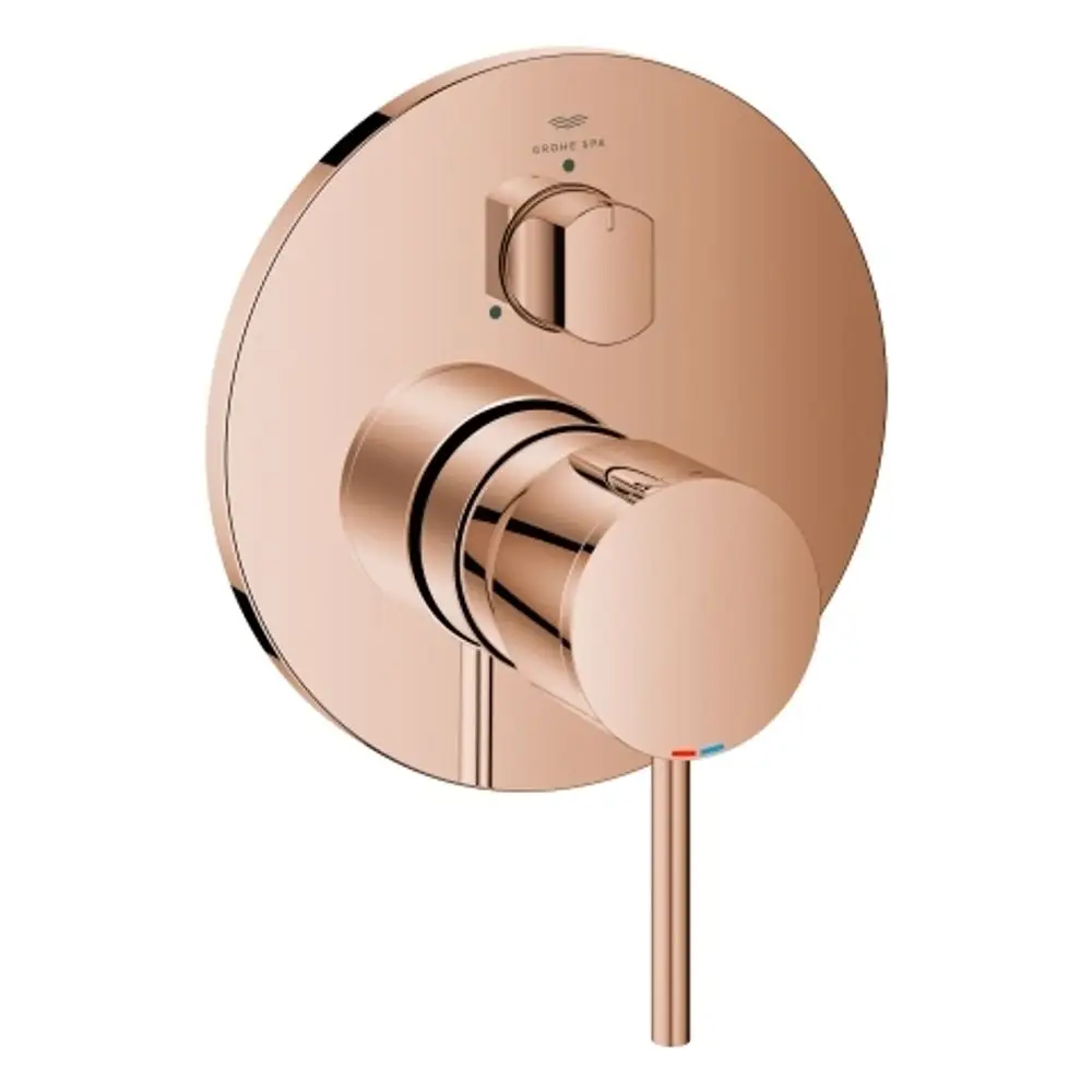 GROHE Einhandbatterie in Roségold mit rundem Bedienpanel und Regler. Die Temperatur kann über die gekennzeichnete grüne Anzeige eingestellt werden.