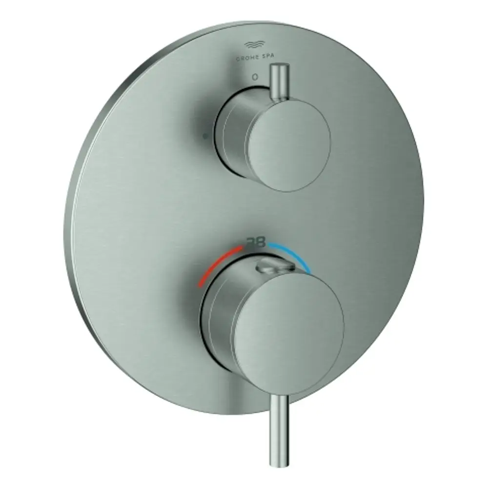 Grohe-Brausebatterie mit zwei Bedienknöpfen für Temperatur- und Wassermengenregulierung, montiert auf einer runden, gebürsteten Metallplatte.