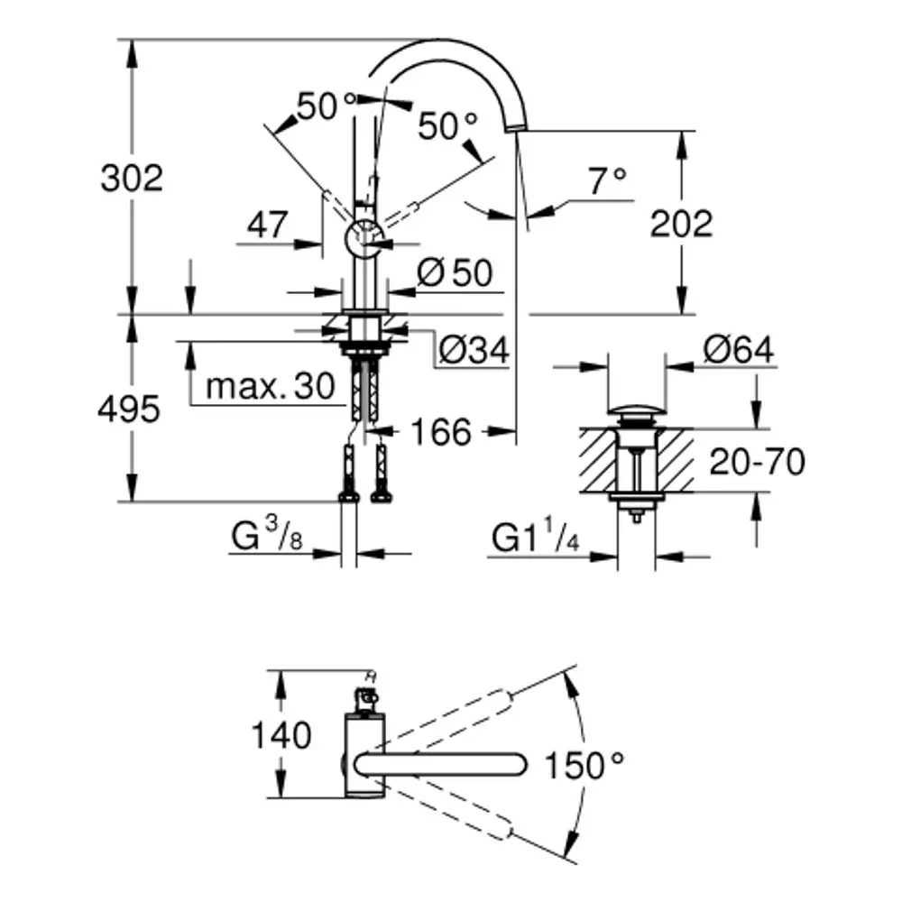 GROHE Einhand-Waschtischbatterie mit einem gebogenen Auslauf und einem Hebel, abgebildet mit Maßzeichnungen und technischen Spezifikationen.