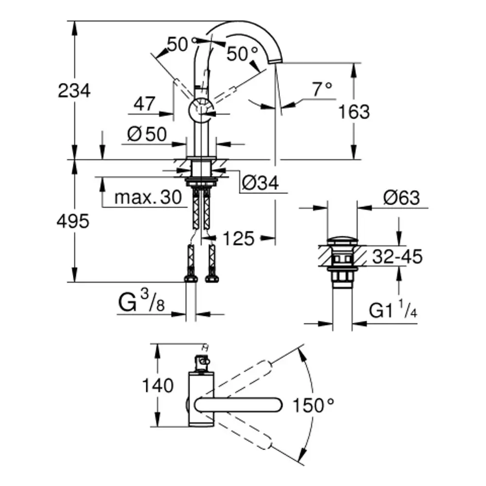 Grohe Einhand-Waschtischbatterie mit flexiblem Auslauf, seitlichem Hebel und verschiedenen Durchmessern, dargestellt in einer technischen Zeichnung mit Maße und Installationshinweisen.