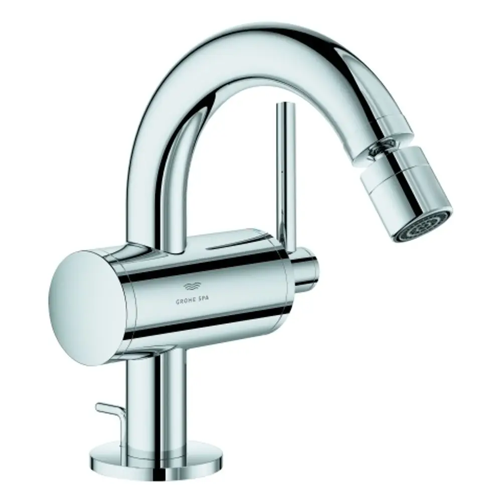 Ein Grohe-Bidetaufsatz in Chrom mit einem geschwungenen Auslauf und einem seitlichen Hebel zur Steuerung von Wasserfluss und Temperatur.