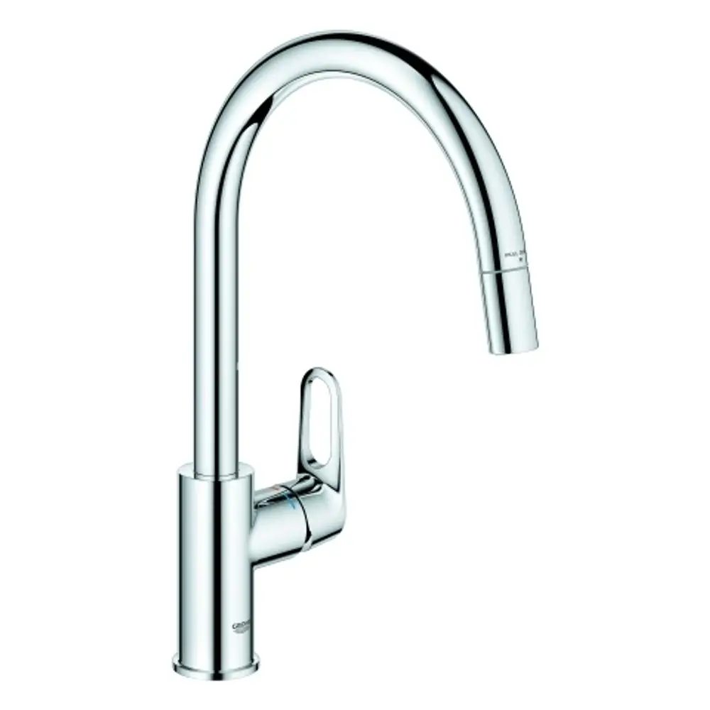 Grohe Küchenarmatur mit hohem Auslauf und integrierter Laminarbrause in verchromtem Design, geeignet für Spültische.