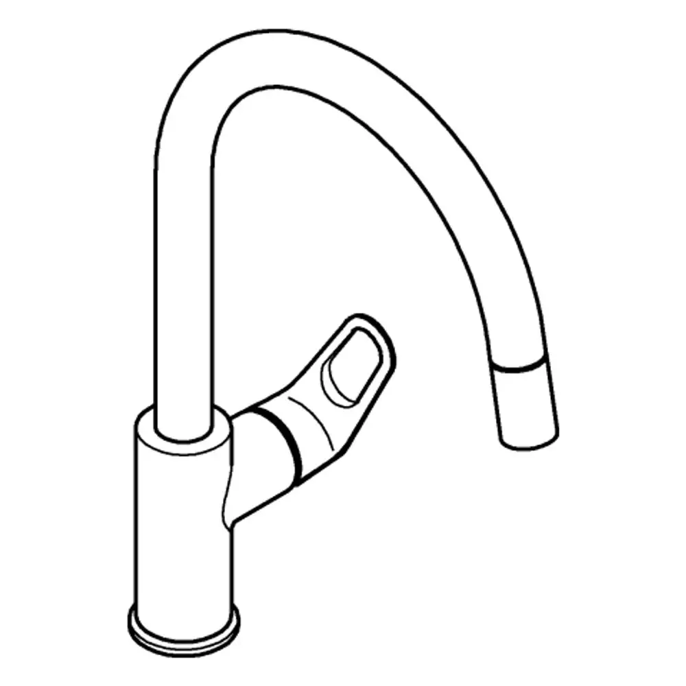 Grohe Küchenarmatur mit hohem Auslauf und ausziehbarer Laminarbrause. Der Hebel befindet sich an der Seite der Basis und sorgt für eine einfache Bedienung.