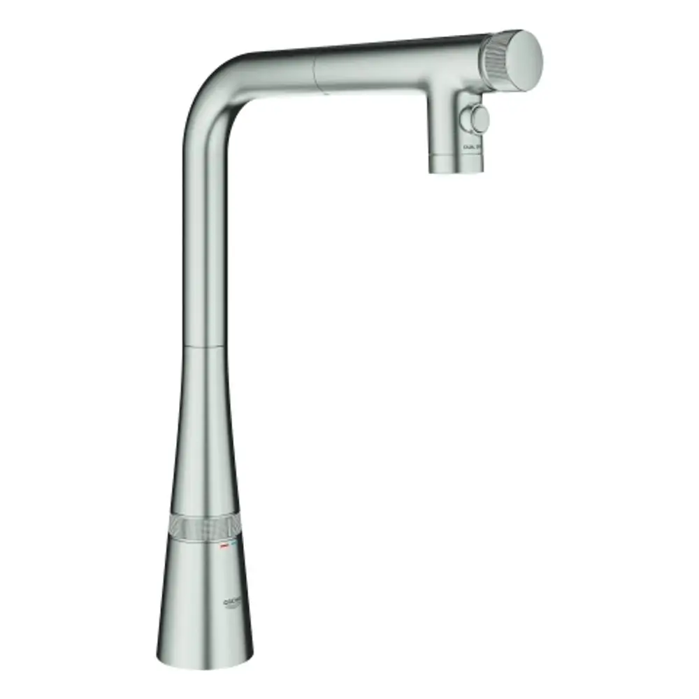 GROHE Küchenarmatur in Edelstahloptik mit einem hohen Auslauf und einem integrierten Bedienknopf zur Wassersteuerung. Entworfen für Funktionalität und modernes Design.
