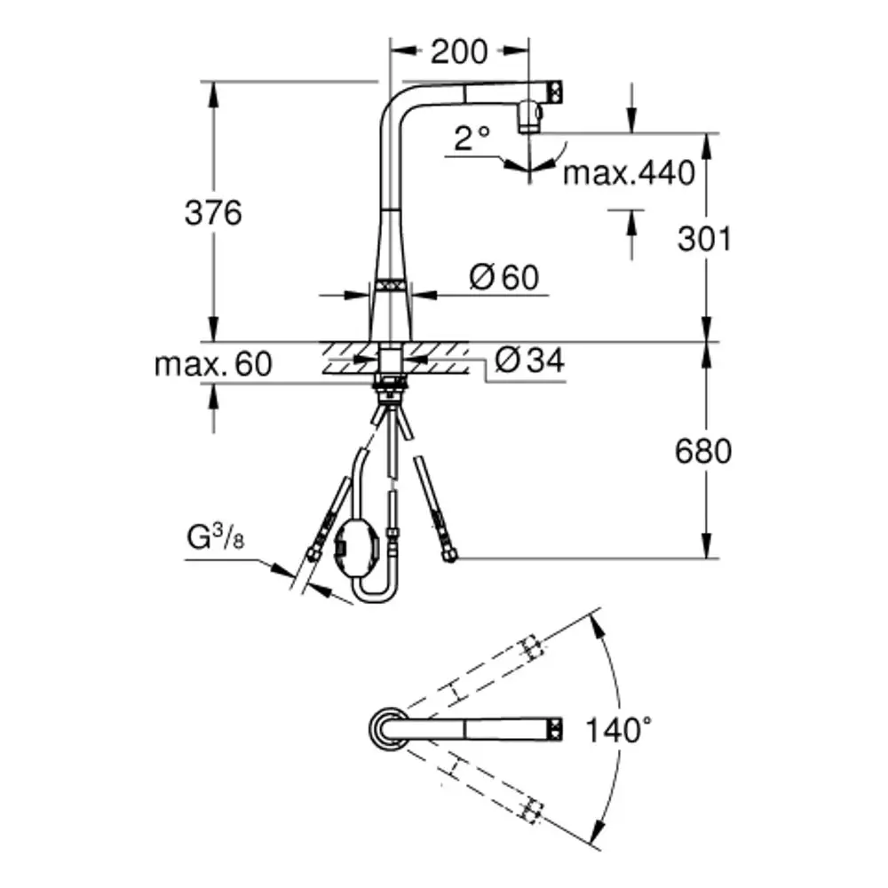 Technische Zeichnung einer Grohe Armatur mit flexibler Verbindung, einstellbarem Auslauf und Drehbereich. Maße und Befestigungsdetails sind deutlich dargestellt.