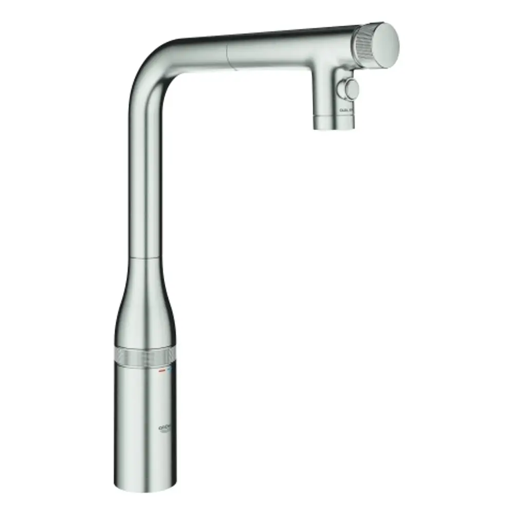 Grohe Spülbrause in Edelstahl-Optik mit drehbarem Auslauf und zwei Funktionseinstellungen. Ergonomisches Design für komfortable Handhabung.