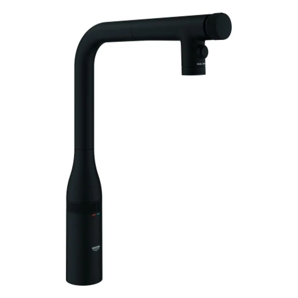 Schwarze Spülbrause mit einem langen, geschwungenen Auslauf und einem Bedienregler. Grohe-Logo ist sichtbar.