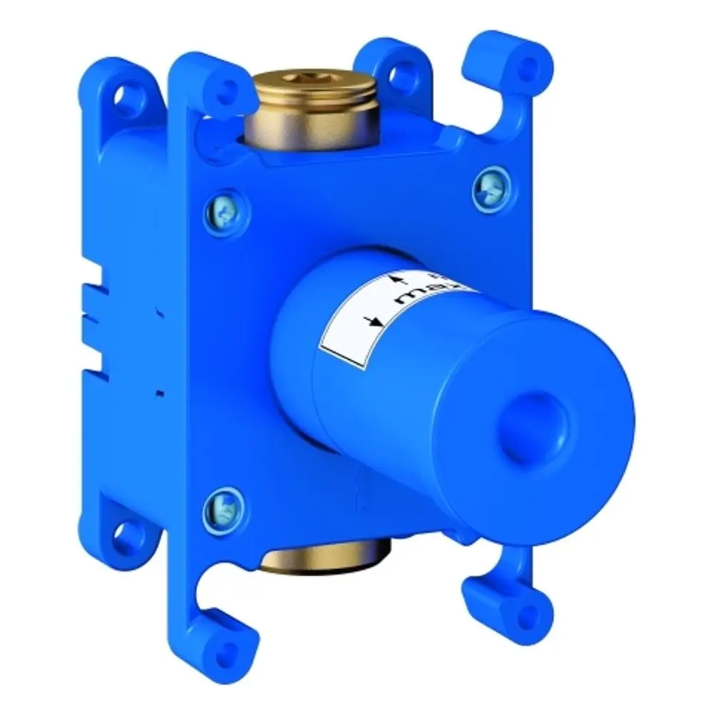 Blaues Montageelement mit Anschlussmöglichkeiten, das für die Installation von Grohe Produkten vorgesehen ist. Sichtbarer Anschluss für Wandmontage.