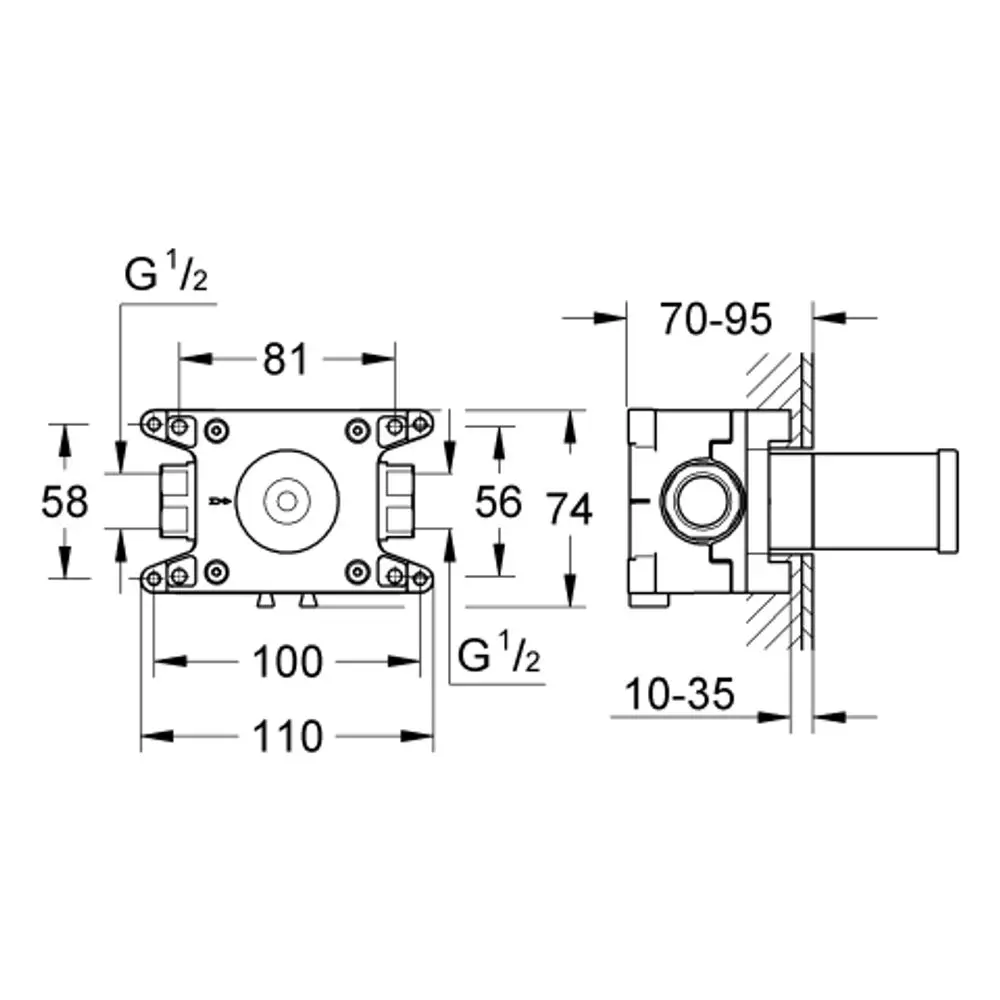 Produktzeichnung einer Grohe Einbaubox mit Maßen und Anschlussmöglichkeiten, die für den Wandanschlussbogen ausgelegt ist. Technische Details sind klar und deutlich beschriftet.