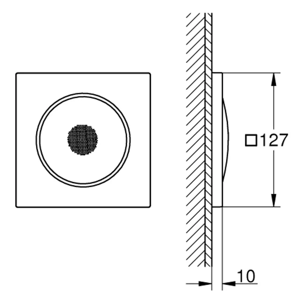 Quadratisches Element mit runder Aussparung, das Teil eines Duschsystems von Grohe sein könnte, zeigt die Ansicht von oben und der Seite, Maße für Montage erkennbar.