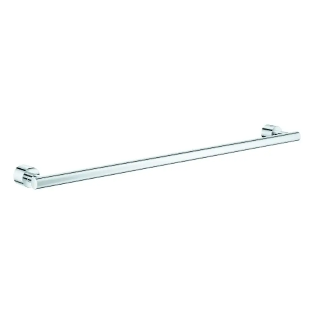 Ein chromfarbener Handtuchhalter von Grohe, der länglich ist und an beiden Enden an Wandhalterungen befestigt wird.