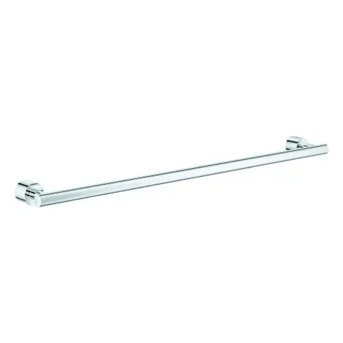 Ein chromfarbener Handtuchhalter von Grohe, der länglich ist und an beiden Enden an Wandhalterungen befestigt wird.