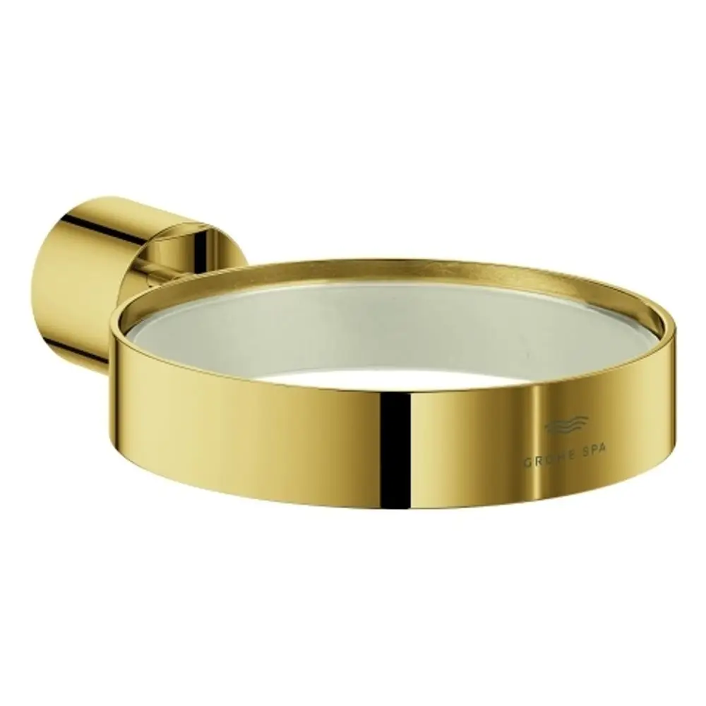 Goldfarbener Halter von Grohe für eine Seifenschale, wandmontiert, mit glatter, runder Oberfläche und stabiler Halterung.