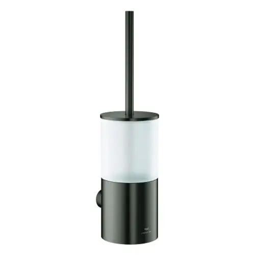Schwarze Toilettenbürstengarnitur mit einem runden, transparenten Behälter und einem langen Griff in minimalistischem Design.