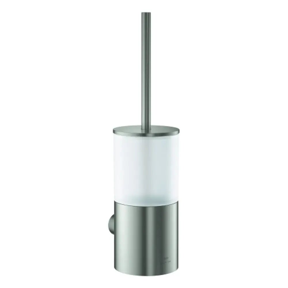 Toilettenbürstengarnitur in schlichtem Design mit transparentem Bürsteneinsatz und Metallbasis. Wandmontageoption und gefertigt von Grohe.