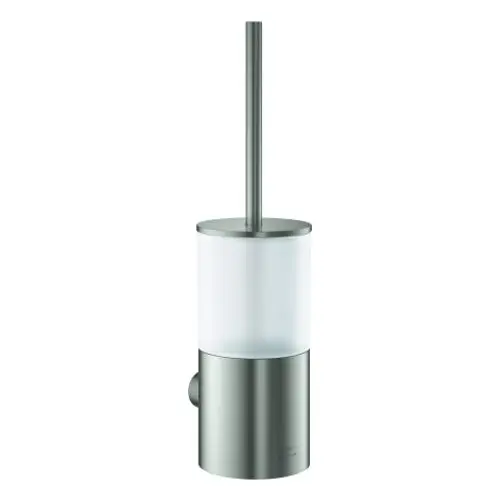 Toilettenbürstengarnitur in schlichtem Design mit transparentem Bürsteneinsatz und Metallbasis. Wandmontageoption und gefertigt von Grohe.