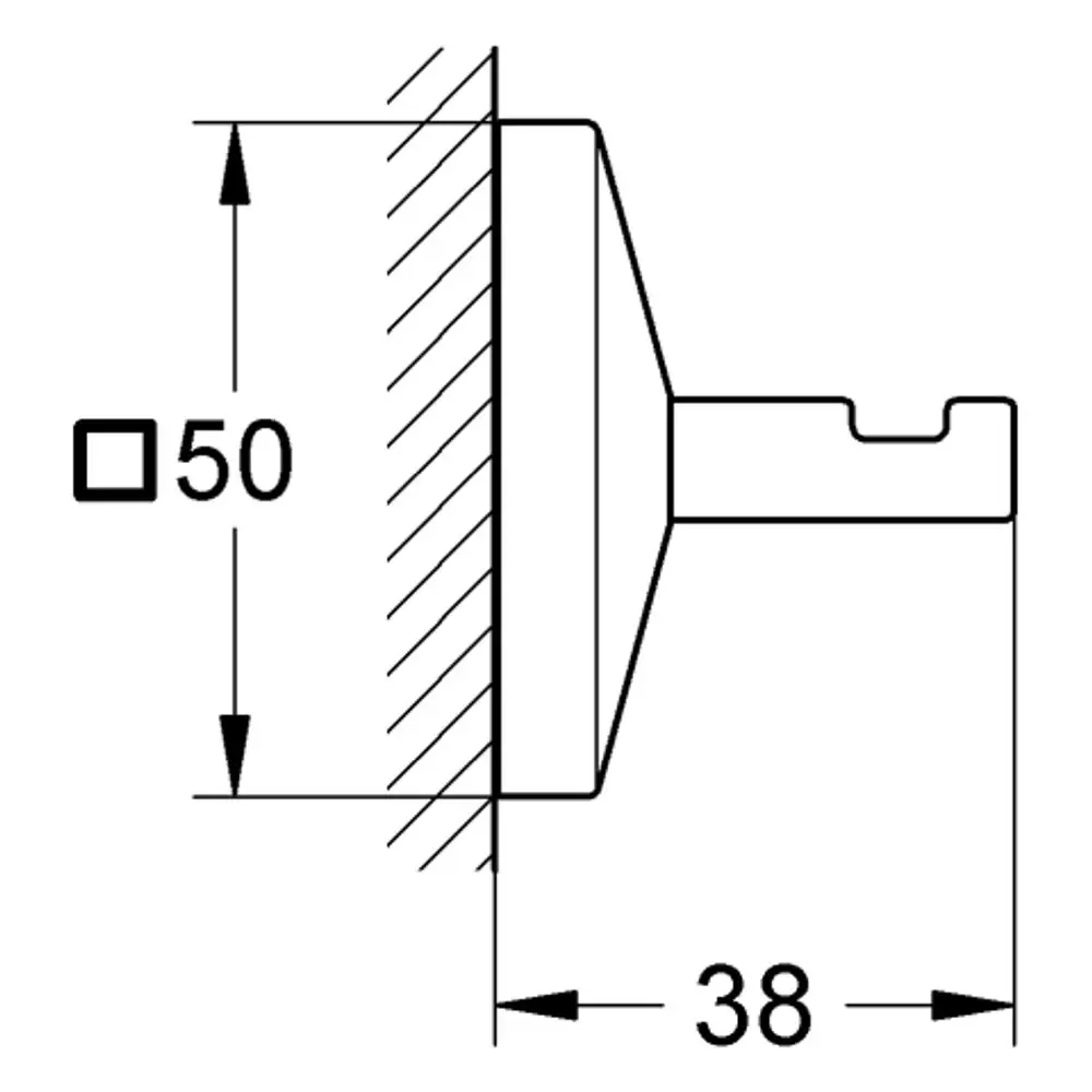 GROHE Bademantelhaken mit einem flachen, kreisförmigen Kopf und einem hervorstehenden Halter. Das Design ist einfach und funktional, geeignet für die Wandmontage.