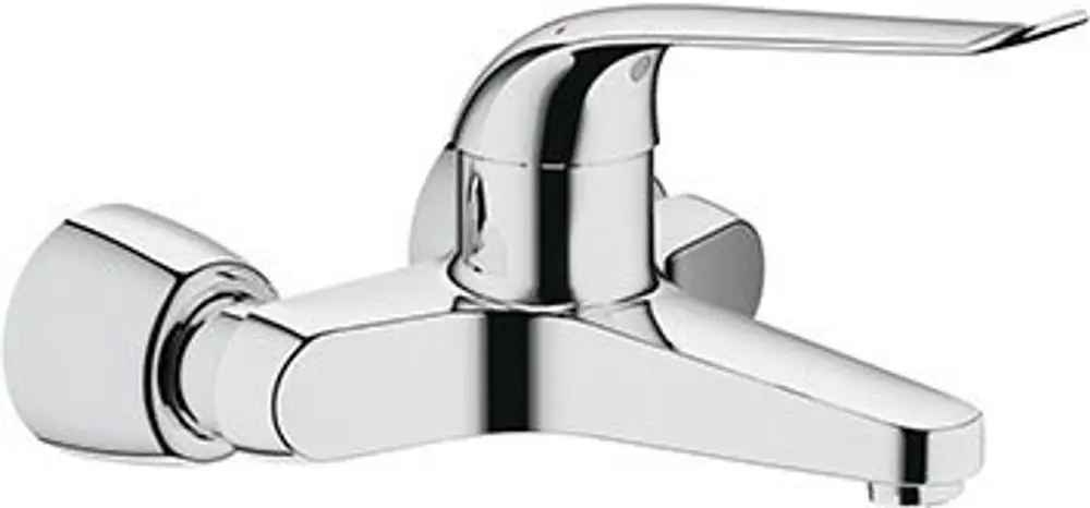 Grohe Wandarmatur mit einem schlichtem Design und einem chromfarbenen Gussauslauf. Der Auslauf hat eine Länge von 221 mm und ist für Wandmontage konzipiert.