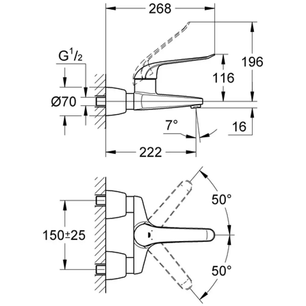 Grohe Wandarmatur mit chromfarbener Oberfläche, Gussauslauf und mehreren Maßeinschüben, dargestellt in technischer Zeichnung mit verschiedenen Ansichts- und Maßangaben.