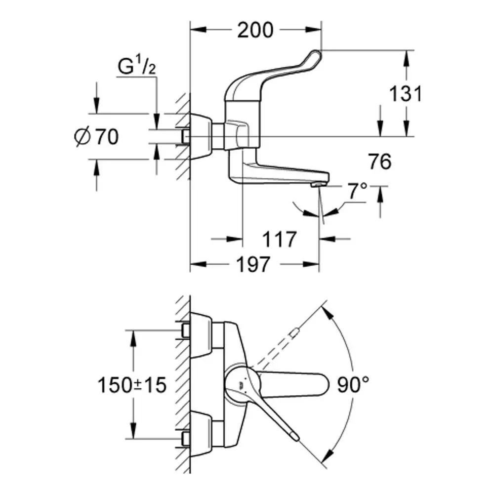 Grohe Wandarmatur mit einem Griff, für Mischwasser, vorgesehen für eine Wandmontage, zeigt eine Neigung von 7° und eine maximale Griffbewegung von 90°.