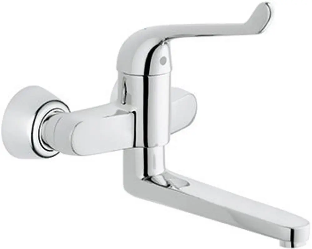 Wandmontierter Wasserhahnauslauf in chrom, mit Hebelgriff für die Temperatur- und Durchflussregelung. Produkt von Grohe, geeignet für Sanitärinstallationen.
