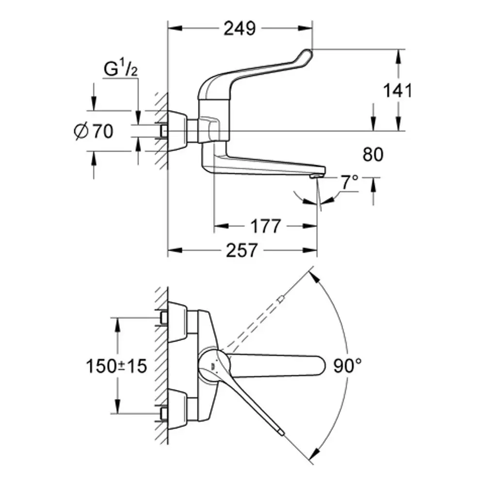 Grohe Sicherheitsmisch-Wandarmatur mit Hebelgriff, Montageanleitung und technischen Zeichnungen zur Installation und Dimensionierung.