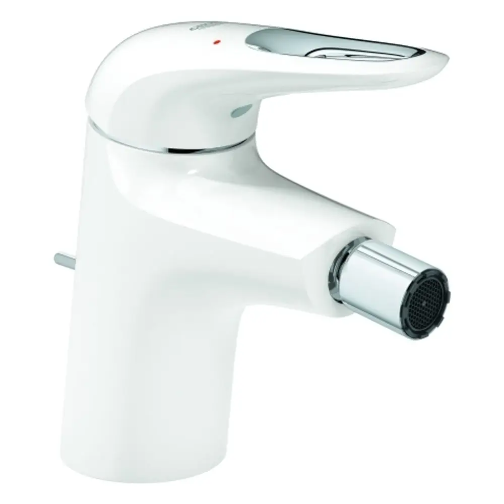 Einhand-Bidetbatterie in weiß mit chromfarbenem Auslauf. Grohe-Design sorgt für eine moderne Optik und gute Funktionalität im Bad.