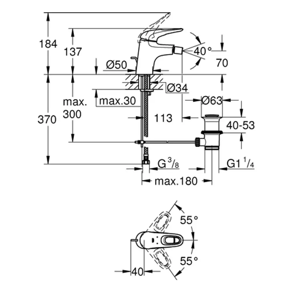 Grohe Einhand-Bidetbatterie in chromfarbenem Design mit verschiedenen Anschlussmöglichkeiten und Maßangaben für die Installation, dargestellt in technischen Zeichnungen.