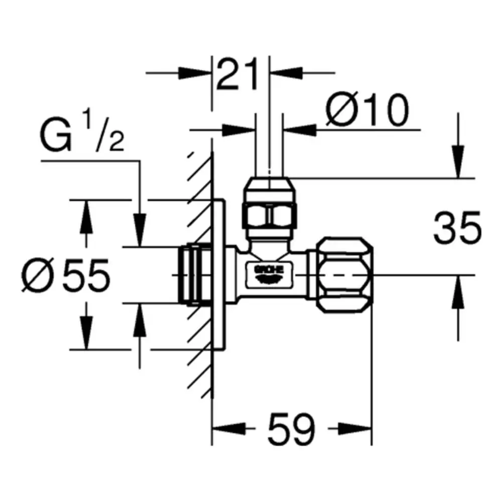 GROHE Eckventil mit selbsttätiger Quetschverschraubung, Anschluss G ½, shown mit Maße in Skizze, geeignet für Rohrdurchmesser von 10 mm, Ausführung in Chrom.