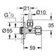GROHE Eckventil mit selbsttätiger Quetschverschraubung, Anschluss G ½, shown mit Maße in Skizze, geeignet für Rohrdurchmesser von 10 mm, Ausführung in Chrom.