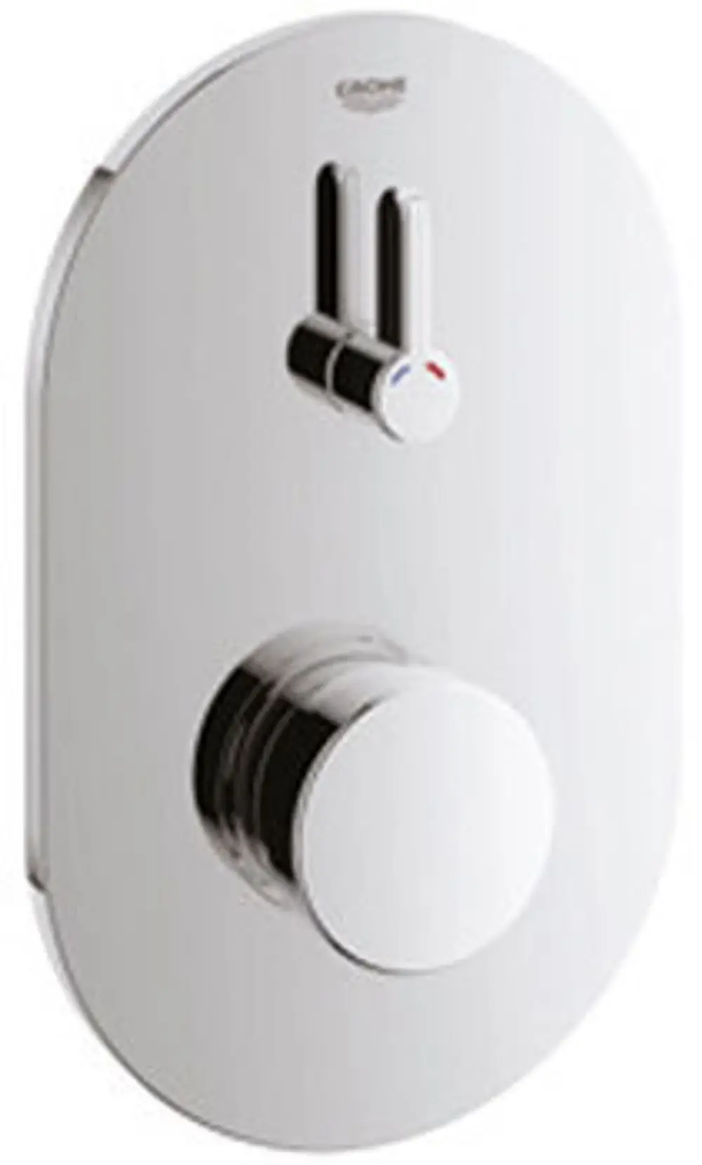 Chromene Mischbatterie von Grohe mit zwei Hebeln zur Temperatur- und Durchflussregelung. Geformte Platte zur Wandmontage mit runder Steuerung.