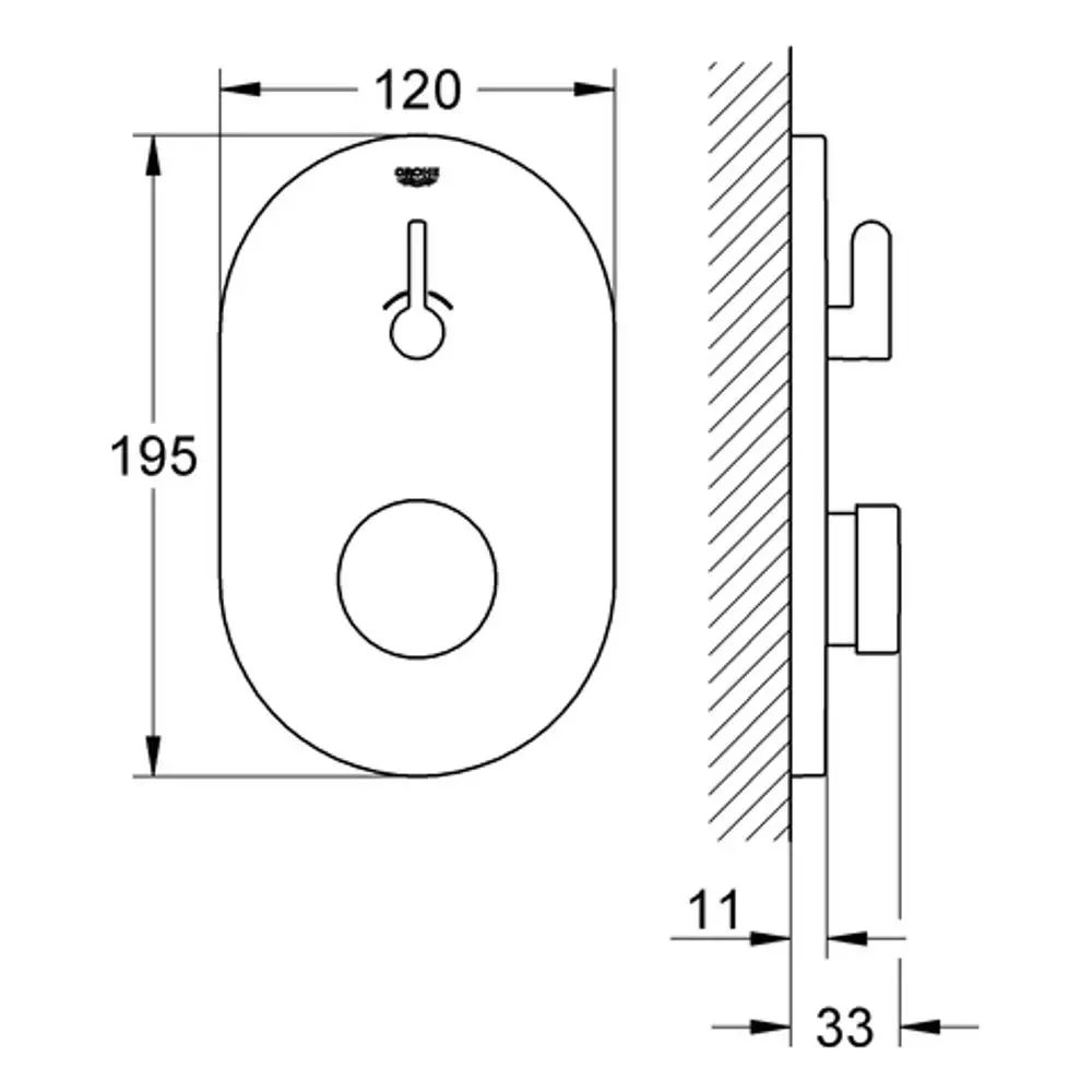 GROHE Selbstschluss-Brausebatterie mit ovaler Form, abgerundeten Kanten, einem Bedienelement und einer runden Wasserauslassöffnung, dargestellt in einer technischen Zeichnung.